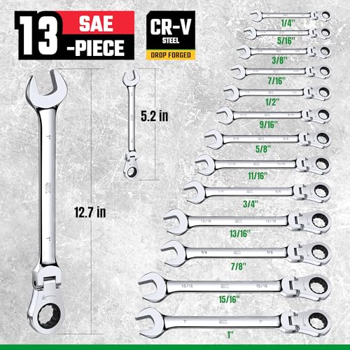 SK Flex-Head Ratcheting Wrench Set, Combination Wrench Set, 13-Piece, SAE 1/4" to 1", 72-Tooth, Premium CR-V Construction, with Rack Organizer - size: SAE