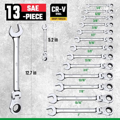 SK Flex-Head Ratcheting Wrench Set, Combination Wrench Set, 13-Piece, SAE 1/4" to 1", 72-Tooth, Premium CR-V Construction, with Rack Organizer - size: SAE