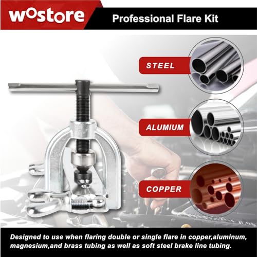 Wostore 45° Double Flaring Tool Kit, 7 Adapters with Cutter & Deburrer | 45° single & double flare tool with 7 adapters. Includes tube cutter & deburrer. For brake line, hydraulic & copper tubing. - size: Flaring Tool Kit