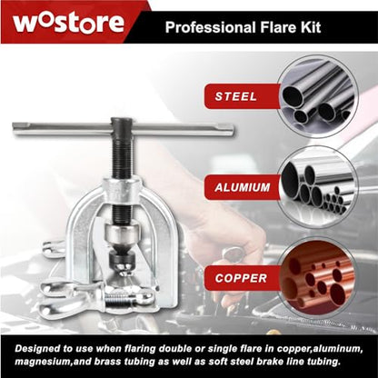 Wostore 45° Double Flaring Tool Kit, 7 Adapters with Cutter & Deburrer | 45° single & double flare tool with 7 adapters. Includes tube cutter & deburrer. For brake line, hydraulic & copper tubing. - size: Flaring Tool Kit