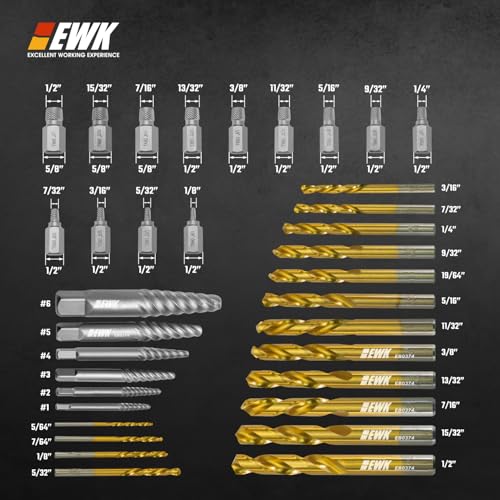 EWK 35-Piece Screw Extractor Set with Left-Hand Drill Bits, Spiral Screw Extractors, and Multi-Spline Removers for Stripped Screws, Broken Bolts, Rusted Fasteners, and Damaged Hex Heads - style: 35 Pcs Screw Extractor & Drill Bit