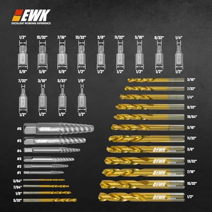 EWK 35-Piece Screw Extractor Set with Left-Hand Drill Bits, Spiral Screw Extractors, and Multi-Spline Removers for Stripped Screws, Broken Bolts, Rusted Fasteners, and Damaged Hex Heads - style: 35 Pcs Screw Extractor & Drill Bit