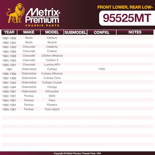 Metrix Premium Chassis Parts - 2 PC Front Lower Ball Joint Kit Fits 82-96 Buick Century, 80-85 Skylark, 82-90 Chevrolet Celebrity, 80-88 Citation, 84-85 Citation II, Lumina APV, Oldsmobile Cutlass - size: K5263 x2/ PAIR