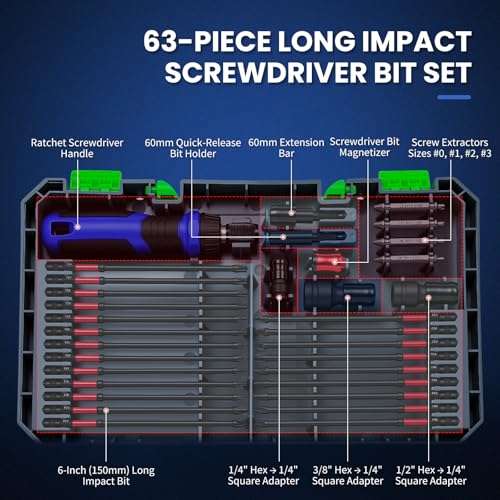 6-Inch Long Screwdriver Bit Set, 63PCS Impact-Ready Extended Reach Bit Kit, Magnetic S2 Steel, 1/4" Hex Shank, Torx/Phillips/Hex/Nut Driver Bits with Organized Storage Case for Drill & Impact Driver