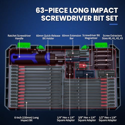 6-Inch Long Screwdriver Bit Set, 63PCS Impact-Ready Extended Reach Bit Kit, Magnetic S2 Steel, 1/4" Hex Shank, Torx/Phillips/Hex/Nut Driver Bits with Organized Storage Case for Drill & Impact Driver