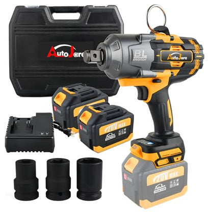 3/4 inch Cordless Impact Wrench 1475 Ft-lbs Heavy-duty Wrench | 2000 N.m Brushless High Torque, with 2pcs 6.0A Battery, Carrying Case, Fast Charger and 3pcs Sockets, Yellow