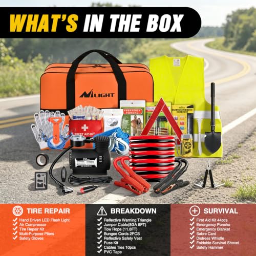 Nilight Car Emergency Kit with Jumper Cable, First Aid Kit Safety Assistance Tools for Travel Camping Outdoor Cars Truck SUV RV, Roadside Essentials with Flash Light - color: Essential Kit+Air Compressor+Tire Fuse kit