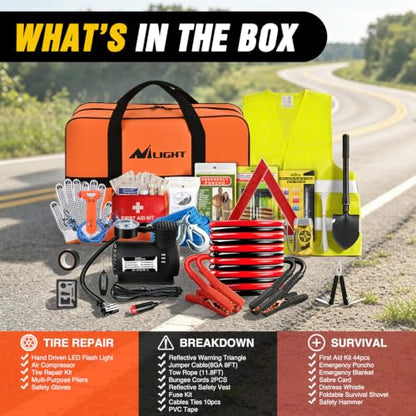 Nilight Car Emergency Kit with Jumper Cable, First Aid Kit Safety Assistance Tools for Travel Camping Outdoor Cars Truck SUV RV, Roadside Essentials with Flash Light - color: Essential Kit+Air Compressor+Tire Fuse kit