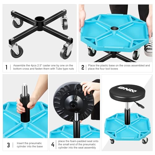 DNA Motoring Adjustable Height Pneumatic Garage Seat Rolling Mechanic Stool with Tool Tray Storage,300lbs Max Weight Capacity, Blue,TOOLS-00480 - color: Blue