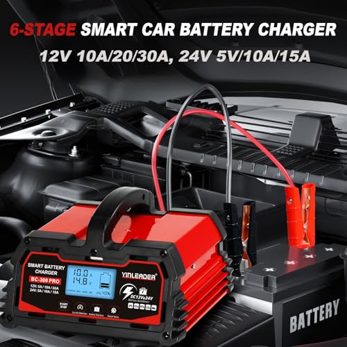 Battery Charger 30A, 12V/24V Lead Acid Smart Battery Charger, 12V LiFePO4 Car Battery Trickle Charger, Automatic Battery Maintainer for Car Motorcycle Lawn Mower Marine Boat Lead Acid Batteries - size: 30A-RED