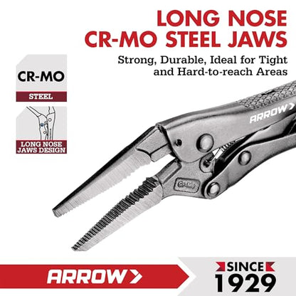 ARROW 6.5 in Needle Nose Locking Pliers, CR-MO Jaw, Long Nose Locking Pliers, Adjustable Clamping Pressure with Through-Hole Screw, Trigger Release, Ideal for Tight Spaces - size: 6.5 in