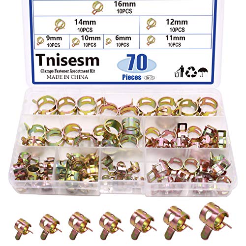 Tnisesm 70 Pcs Spring Band Type Action Pipe Clamp, Air Hose Tube Water Pipe Fuel Pipe Silicone Vacuum Hose Clamp Fasteners Assortment Kit(6mm, 9mm, 10mm, 11mm, 12mm, 14mm, 16mm) TN-23 - size: 70Pcs-7 Sizes