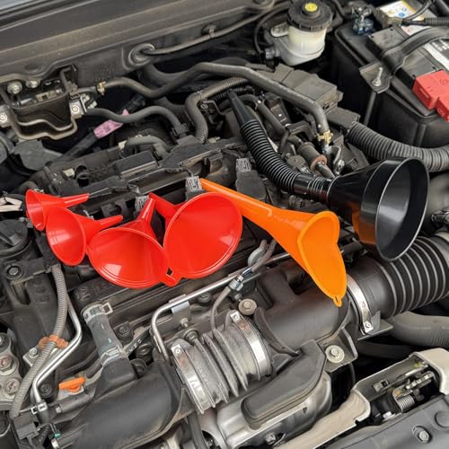 6 Pcs Automotive Oil Funnel Set – Wide Mouth Fuel Funnels with Long Neck, Flexible Spout & Removable Filter – for Gasoline, Coolant, Water, Engine Oil