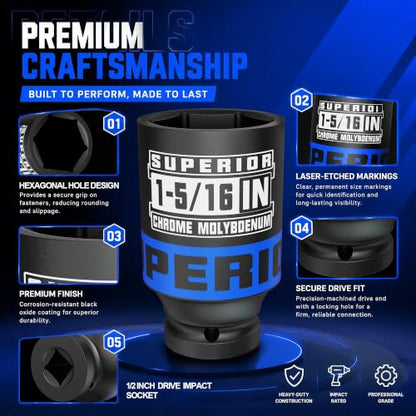 1/2" Drive Impact Socket, 1-5/16 Inch Deep Socket, SAE, CR-MO Axle Nut Socket, 6 Point, for Automotive Repair, Axle Shaft Nuts Removal & Installation - size: 1/2" Drive 1-5/16 Inch Deep