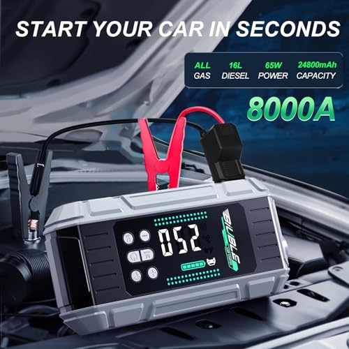 8000A Jump Starter with Air Inflator/Deflator Compressor, 65W Charging Car Battery Jump Starter (All Gas/16L Diesel), 24800mAh 150PSI Battery Jumper Starter Portable, Jump Box Jump Pack with LED Light