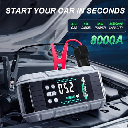 8000A Jump Starter with Air Inflator/Deflator Compressor, 65W Charging Car Battery Jump Starter (All Gas/16L Diesel), 24800mAh 150PSI Battery Jumper Starter Portable, Jump Box Jump Pack with LED Light