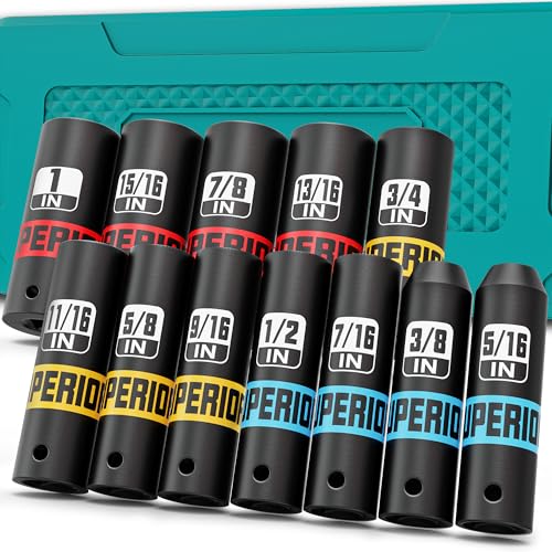 12 Piece 3/8" Drive Impact Socket Set, 5/16"- 1" Deep Socket, SAE, 6 Point, CR-V, Automotive Motorcycle and Bicycle Maintenance, Machinery Manufacturing - size: 3/8" Deep SAE
