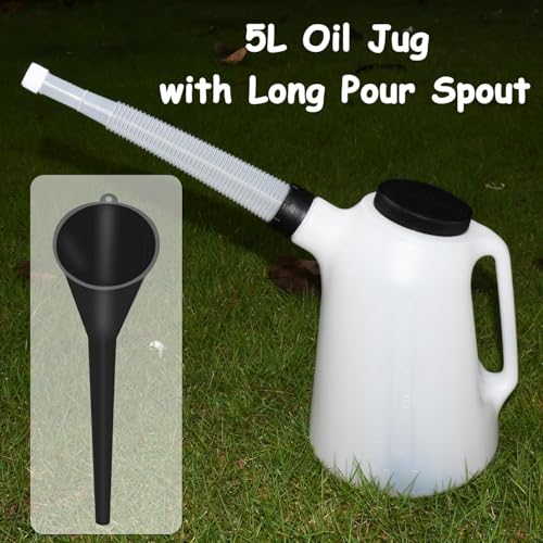 2 Pack 5 Quart Oil Jug Set with 2 Long Funnels - Oil Drain Pan & Container for Vehicle, Lawn Mower, Boat, Includes Orange & Black Funnels, Leak-Proof & Easy-Pour Spout (2Pack-5Qrt) - size: 2Pack-5Qrt