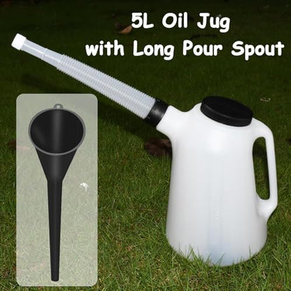 2 Pack 5 Quart Oil Jug Set with 2 Long Funnels - Oil Drain Pan & Container for Vehicle, Lawn Mower, Boat, Includes Orange & Black Funnels, Leak-Proof & Easy-Pour Spout (2Pack-5Qrt) - size: 2Pack-5Qrt