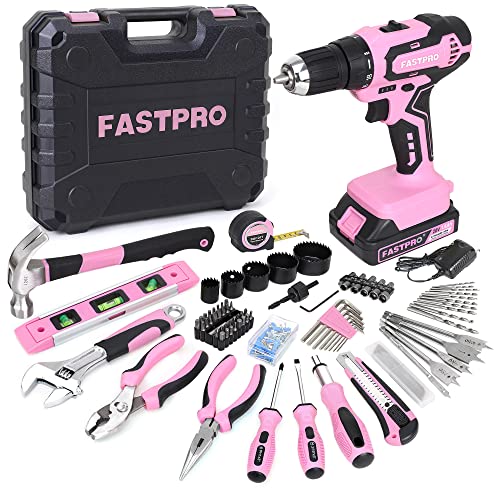 FASTPRO 177-Piece 20V Pink Cordless Drill Driver and Home Tool Set, Lady's Home Repairing Tool Kit with Drill in Storage Case - color: Pink