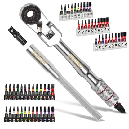 Geinxurn 60Pcs 180° Pivoting Flex Head T-Handle Ratchet Wrench Set, 72-Tooth 1/4" Reversible Ratchet with Extension Bar, Socket Adapter & 1" Impact Screwdriver Bits (Phillips/Torx/Hex) for DIY - size: 60pcs-Changeable