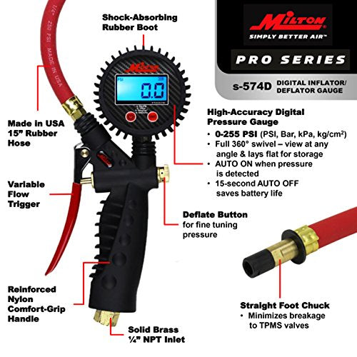 Milton Pro Digital Tire Pressure Gauge S-574D, Straight Foot Chuck, Pistol Grip Handle, Easy to Read 0.1 Display, 255 PSI Max Pressure, 15 Inch Hose, 1/4" NPT (PSI, kPa, Bar, and kg/cm2) - size: Straight Foot Chuck, style: Digital