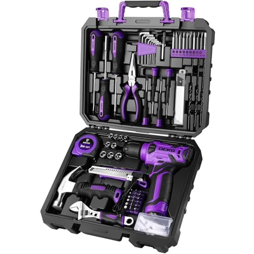 DEKOPRO Tool Set: Tool Kit with 8V Cordless Drill, Hand Toolbox with storage case, Tool set for Home Repairs 126 Piece, Purple - color: Purple