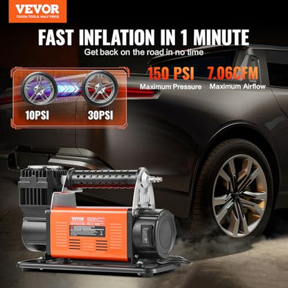 VEVOR 12V Portable Tire Inflator, 7.06CFM Heavy Duty Air Compressor, 150PSI Offroad Air Pump with Adapters for Car SUV RV Truck - Include 6.5FT Power Cord, 26FT Air Hose with Pressure Gauge, Carry Bag - style: 7.06CFM