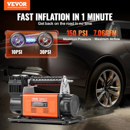 VEVOR 12V Portable Tire Inflator, 7.06CFM Heavy Duty Air Compressor, 150PSI Offroad Air Pump with Adapters for Car SUV RV Truck - Include 6.5FT Power Cord, 26FT Air Hose with Pressure Gauge, Carry Bag - style: 7.06CFM
