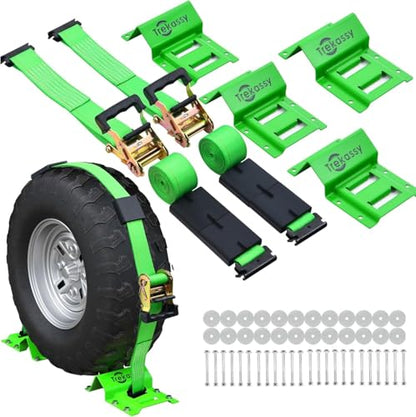 Trekassy Wheel Chock Tie-Down Kit with Rubber Blocks, (4,500lb Break Strength) Heavy Duty E Track Trailer Tire Straps for ATV, UTV, Lawn Mower- 2 Pack - size: 2 Pack