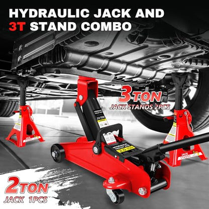 2 Ton (4000 lbs) Capacity, Low Profile Hydraulic Trolley Service/Floor Jack Combo with 2 Ratchet 3 Ton Jack Stands, tire Repair kit, 14-inch Wheel Cross Wrench - color: 2Ton with Jack stands+Tire repair kit+Wrench Red