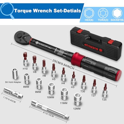 SUERCUP 3-25Nm 1/4-Inch Drive Click Bike Torque Wrench 18 PCS Set | Torque Wrench Set Dual-Direction Adjustable, 72 Tooth, Used for Bicycle Maintenance - size: 1/4" 3-25N.m 18PCS