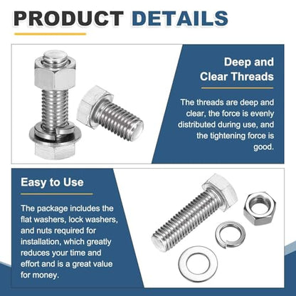 MECCANIXITY M10 x 170mm 304 Stainless Steel Hex Head Screws Bolts, Nuts, Flat & Lock Washers Assortment Kit, Fully Threaded, Bright Finish for Home, Electronic, Machine, 2 Sets - size: M10 x 170mm