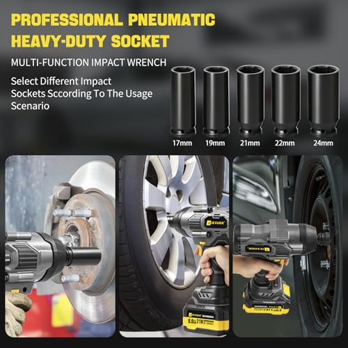 JEXUGK 2200Nm Cordless Impact Wrench, 1/2" Electric Impact Gun with 2 x 6.0Ah Batteries, 21V Brushless High Torque Impact Wrench with 5 Pneumatic Sockets, Impact Driver for Truck Tire Lug Nut Removal