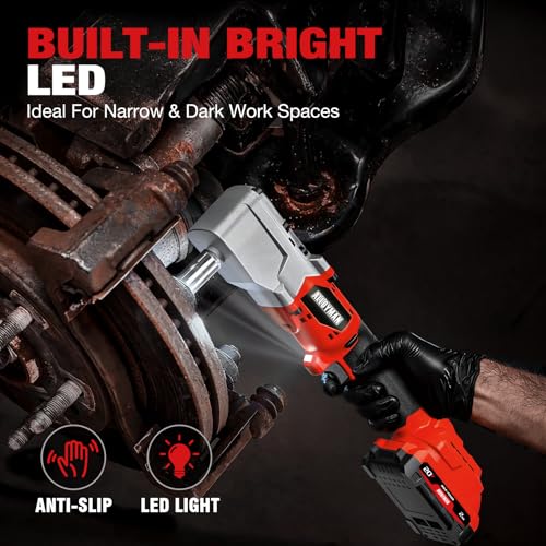 Alloyman 20V Brushless Right Angle Impact Wrench, 207 Ft-lbs（280N.M）,1/2'' High Torque Cordless Power Tool with 2×2.0Ah Batteries, LED Light, 2-Speed Control, Compact 90° Design for Tight Spaces