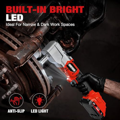 Alloyman 20V Brushless Right Angle Impact Wrench, 207 Ft-lbs（280N.M）,1/2'' High Torque Cordless Power Tool with 2×2.0Ah Batteries, LED Light, 2-Speed Control, Compact 90° Design for Tight Spaces