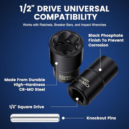 Professional 5-Piece Lug Nut Extractor Set with 1/2-inch Drive, Impact Twist Socket Set,17mm 19mm 21mm 22mm Wheel Lock Removal Tool Kit for Stripped Lug Nut Remover