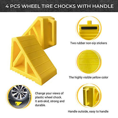 HOXWELL Wheel Chocks Premium, Heavy Duty Camper Vehicle Wedge Design with Black Rubber Bottom Chocks for Travel Trailers, Truck, Car, RV Yellow 4 Pcs - color: Yellow 4 pack