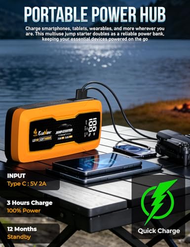 EcoNour car Battery Jump Starter 1600A Peak Up to 7L Gas & 5.5L Diesel Engines 12V Lithium Jump Box with Jumper Cables, USB Charger, LCD Display, LED Flashlight – for Cars, SUVs, Trucks - color: Orange