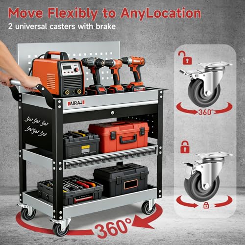 AIRAJ 3-Tier Rolling Tool Cart on Wheel,440LBS Heavy Duty Tool Storage Cart | Metal Rolling Tool Cart with 360° Casters,Lockable Drawer&Pegboard,Industrial Tool Organizer Cart with Trays&Hooks for Garage
