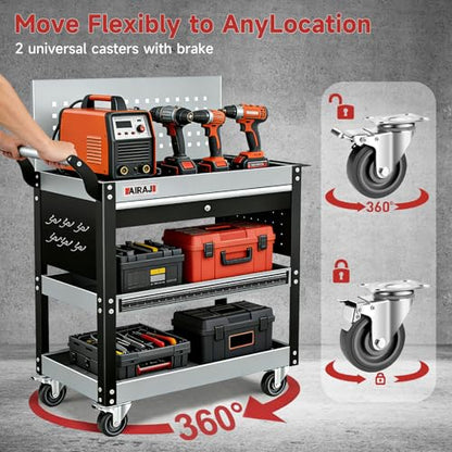 AIRAJ 3-Tier Rolling Tool Cart on Wheel,440LBS Heavy Duty Tool Storage Cart | Metal Rolling Tool Cart with 360° Casters,Lockable Drawer&Pegboard,Industrial Tool Organizer Cart with Trays&Hooks for Garage