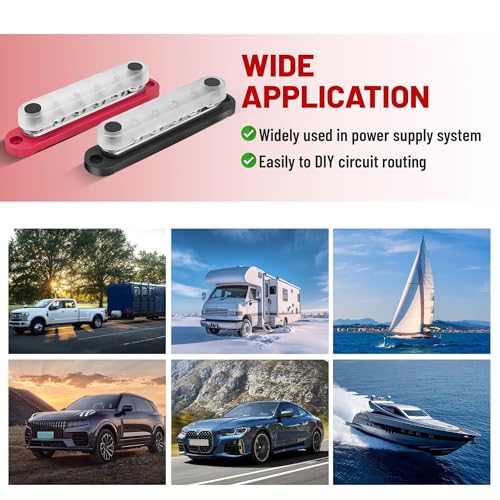RED WOLF 150A 12V Bus Bar with Cover, Power Distribution Block 6 x 1/4" (M6) Studs Battery Busbar Terminal Junction Block 48V Car RV Boat Marine Solar System