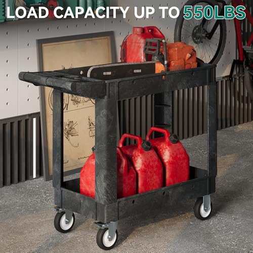 YITAHOME Black Utility Cart on Wheels, 550 lbs Capacity, 40 x 17 Inch | Rolling Work Carts with Wheels, 2 Shelf Heavy Duty Plastic Service Cart Suitable for Warehouse, Garage, School & Office