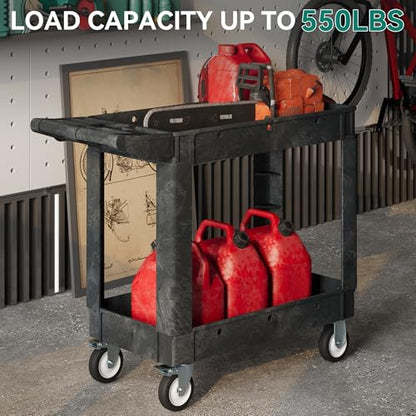 YITAHOME Black Utility Cart on Wheels, 550 lbs Capacity, 40 x 17 Inch | Rolling Work Carts with Wheels, 2 Shelf Heavy Duty Plastic Service Cart Suitable for Warehouse, Garage, School & Office