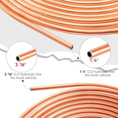 Brake Line Kit, 3/16" & 1/4" Brake Line Flaring Tool Kit, Copper Coated Brake Line (With 32 Fittings and 8 Threads Unions) + Double & Single Flare Tool + Tube Bender - size: 1/4" & 3/16" Brake Line Kit With Bender
