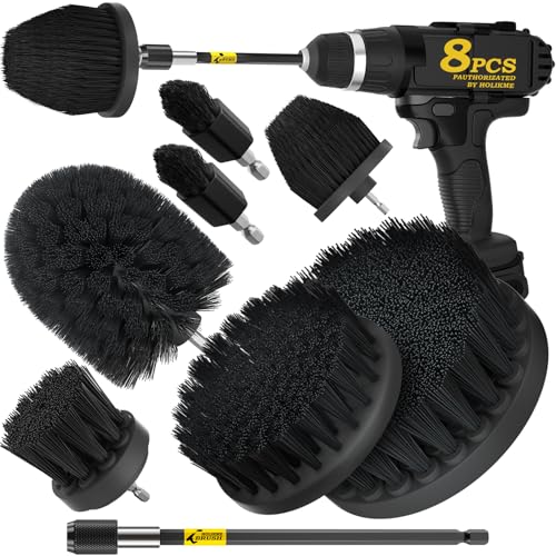 Holikme 8Pc Drill Brush Set - Scrub Brushes with Extension for Home Clean | Nylon Fibers, Power Scrubber Attachments for Tile, Tub, Shower, Floors, Kitchen and Auto Interior Care, Cleaning Tools, Black - color: Black