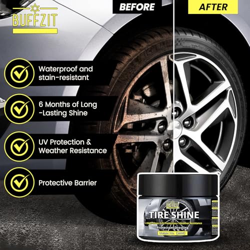 Tire Shine Gel & Wheel Cleaning Wax with Applicator Sponge, Long-Lasting Tire Dressing for Deep Black Wet Gloss Finish, UV Protection for Cars, Trucks, Motorcycles & RVs, 7oz/200g