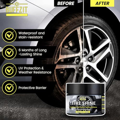 Tire Shine Gel & Wheel Cleaning Wax with Applicator Sponge, Long-Lasting Tire Dressing for Deep Black Wet Gloss Finish, UV Protection for Cars, Trucks, Motorcycles & RVs, 7oz/200g