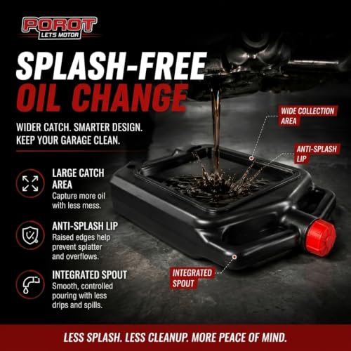 Low Profile Oil Drain Pan, 4 Quart Splash-Free Oil Change Container with Drain Spout & Screw Caps for Motorcycles, ATVs, Lawn Mowers and Small Engine Equipment