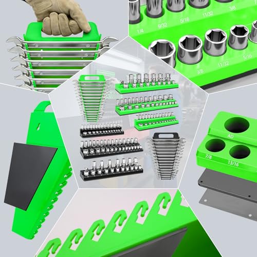 8 Piece Magnetic Socket Organizer Set, 1/4", 3/8", 1/2" Drive Metric and SAE Socket Holder Trays, Socket Organizer for Tool Box Drawer, Garage, Workbench and Mechanic Cart, Black and Green